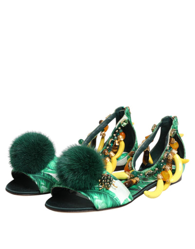 Sandales Dolce &amp; Gabbana en satin et fourrure de vison vert et feuille de bananier