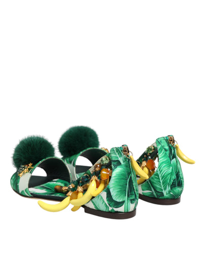 Sandales Dolce &amp; Gabbana en satin et fourrure de vison vert et feuille de bananier