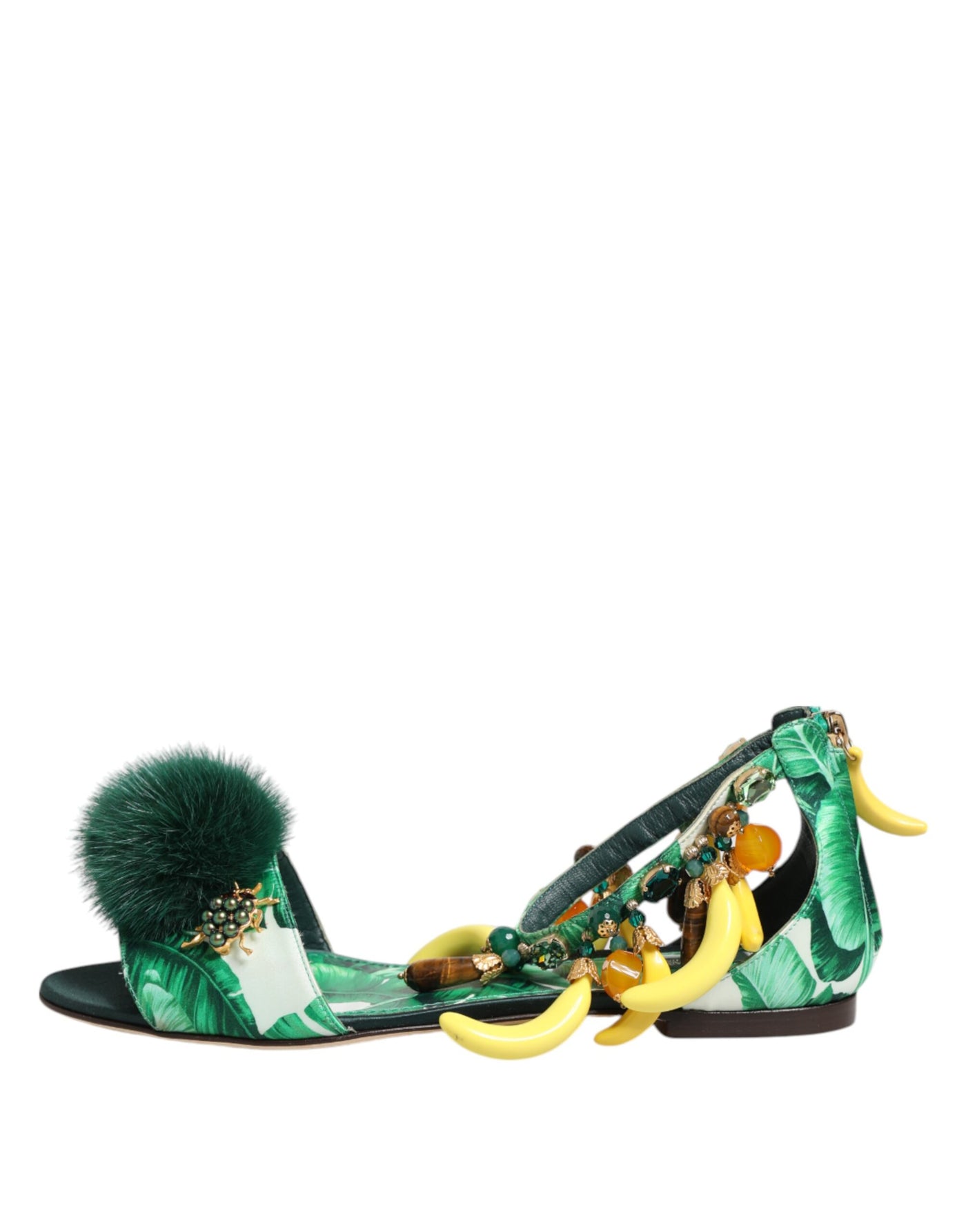 Sandales Dolce &amp; Gabbana en satin et fourrure de vison vert et feuille de bananier