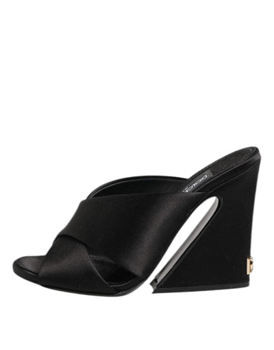 Dolce & Gabbana Black Logo KEIRA Satin Slides Sandals Shoes