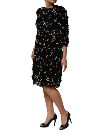 Dolce &amp; Gabbana Zwarte Viscose Shiftjurk met Parelversiering