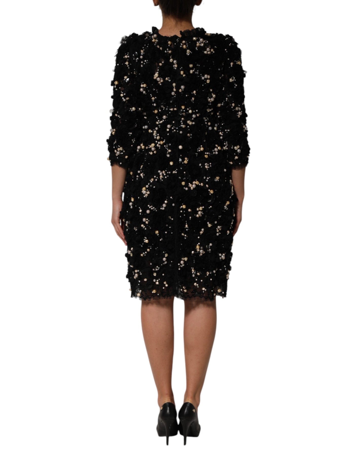 Dolce &amp; Gabbana Zwarte Viscose Shiftjurk met Parelversiering