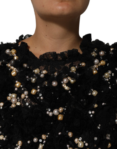 Dolce &amp; Gabbana Zwarte Viscose Shiftjurk met Parelversiering