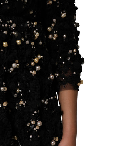 Dolce &amp; Gabbana Zwarte Viscose Shiftjurk met Parelversiering