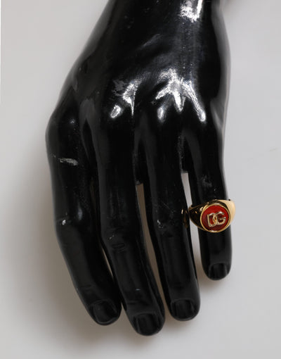 Dolce &amp; Gabbana Goudkleurige Echte Messing Rode DG Logo Herenring