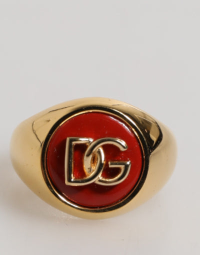 Dolce &amp; Gabbana Goudkleurige Echte Messing Rode DG Logo Herenring