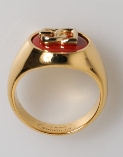Dolce &amp; Gabbana Goudkleurige Echte Messing Rode DG Logo Herenring