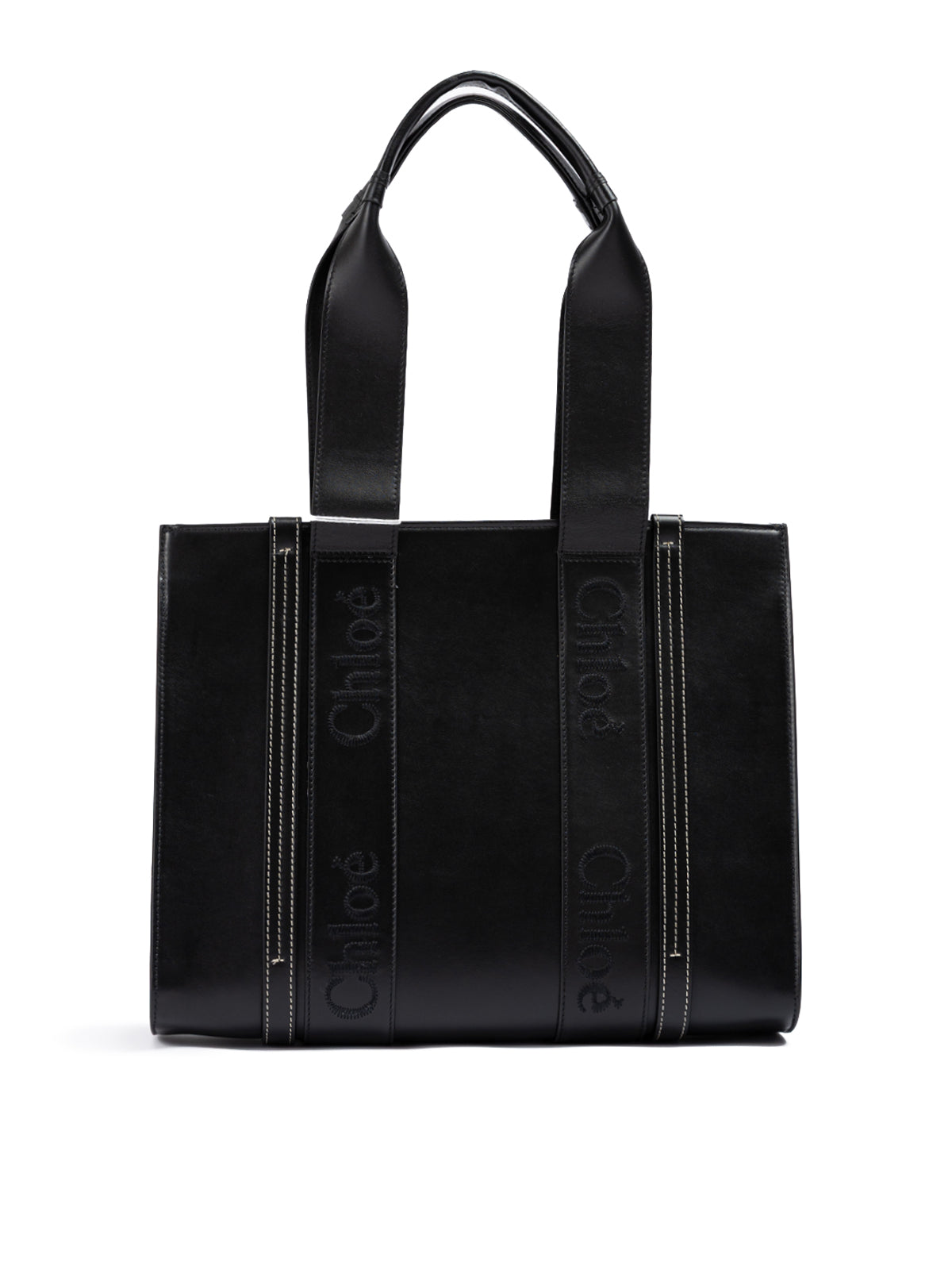 Sac fourre-tout moyen en cuir noir avec logo brodé Woody de Chloé