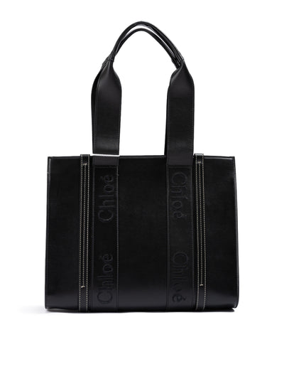 Sac fourre-tout moyen en cuir noir avec logo brodé Woody de Chloé