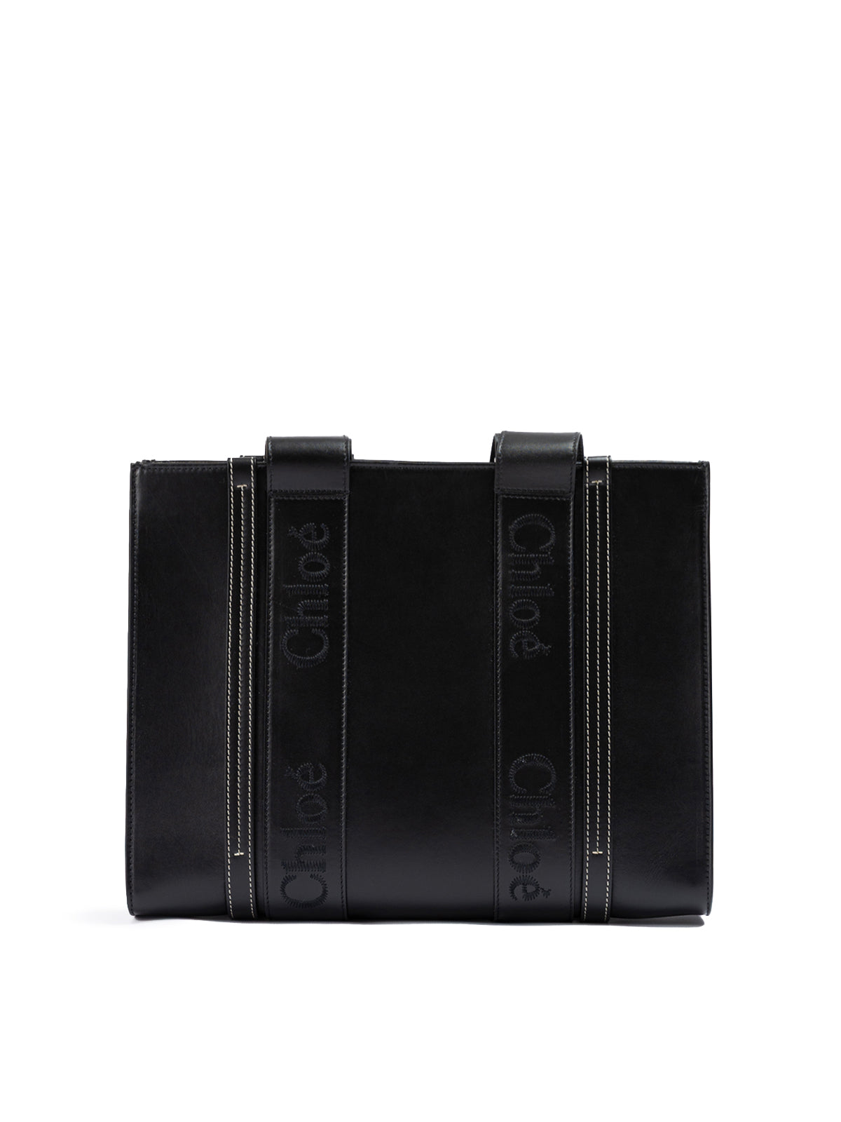 Sac fourre-tout moyen en cuir noir avec logo brodé Woody de Chloé