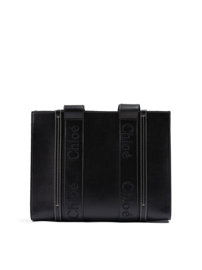 Sac fourre-tout moyen en cuir noir avec logo brodé Woody de Chloé