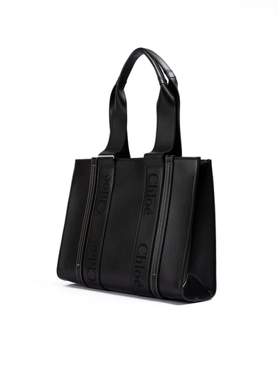 Sac fourre-tout moyen en cuir noir avec logo brodé Woody de Chloé