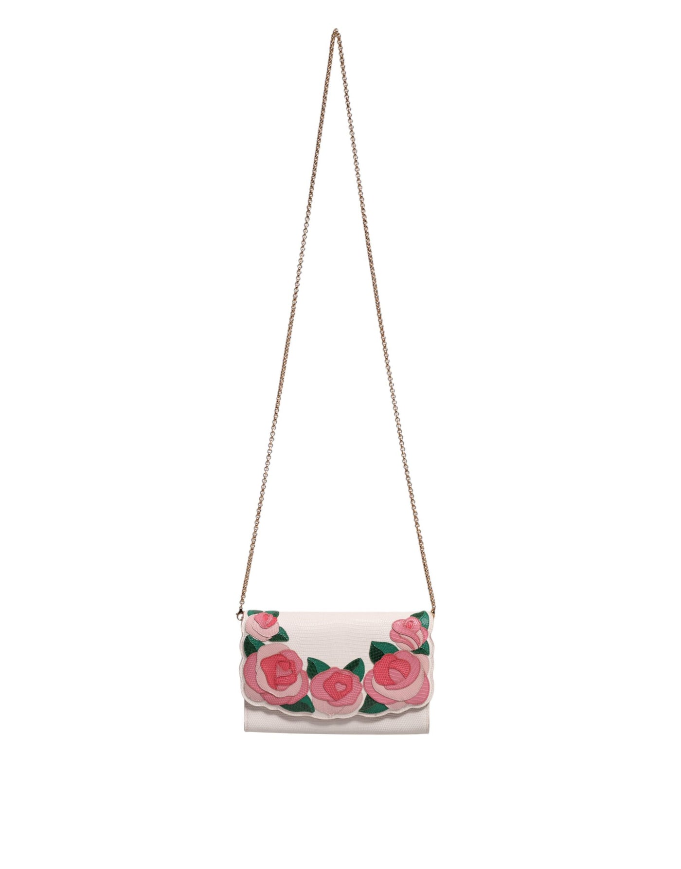 Dolce & Gabbana White Floral Leather Wallet Crossbody Gold Chain Bag