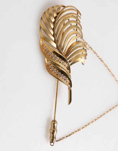 Dolce & Gabbana Gold Tone Leaf 925 Sterling Silver Crystal Chain Pin Brooch