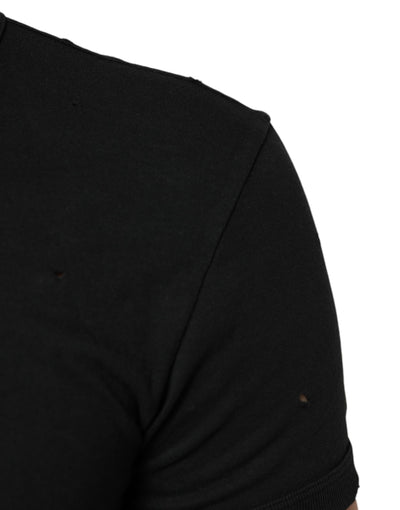 Dolce & Gabbana Black Cotton Tattered Logo V-Neck Men T-shirt
