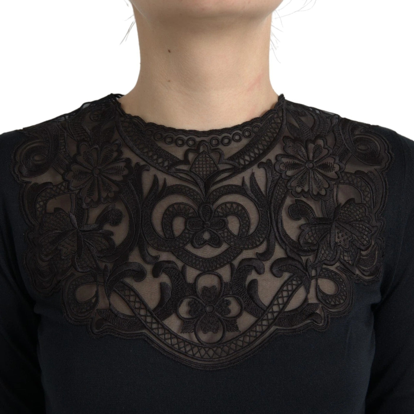Blouse à manches longues en soie noire avec garniture en dentelle de Dolce &amp; Gabbana