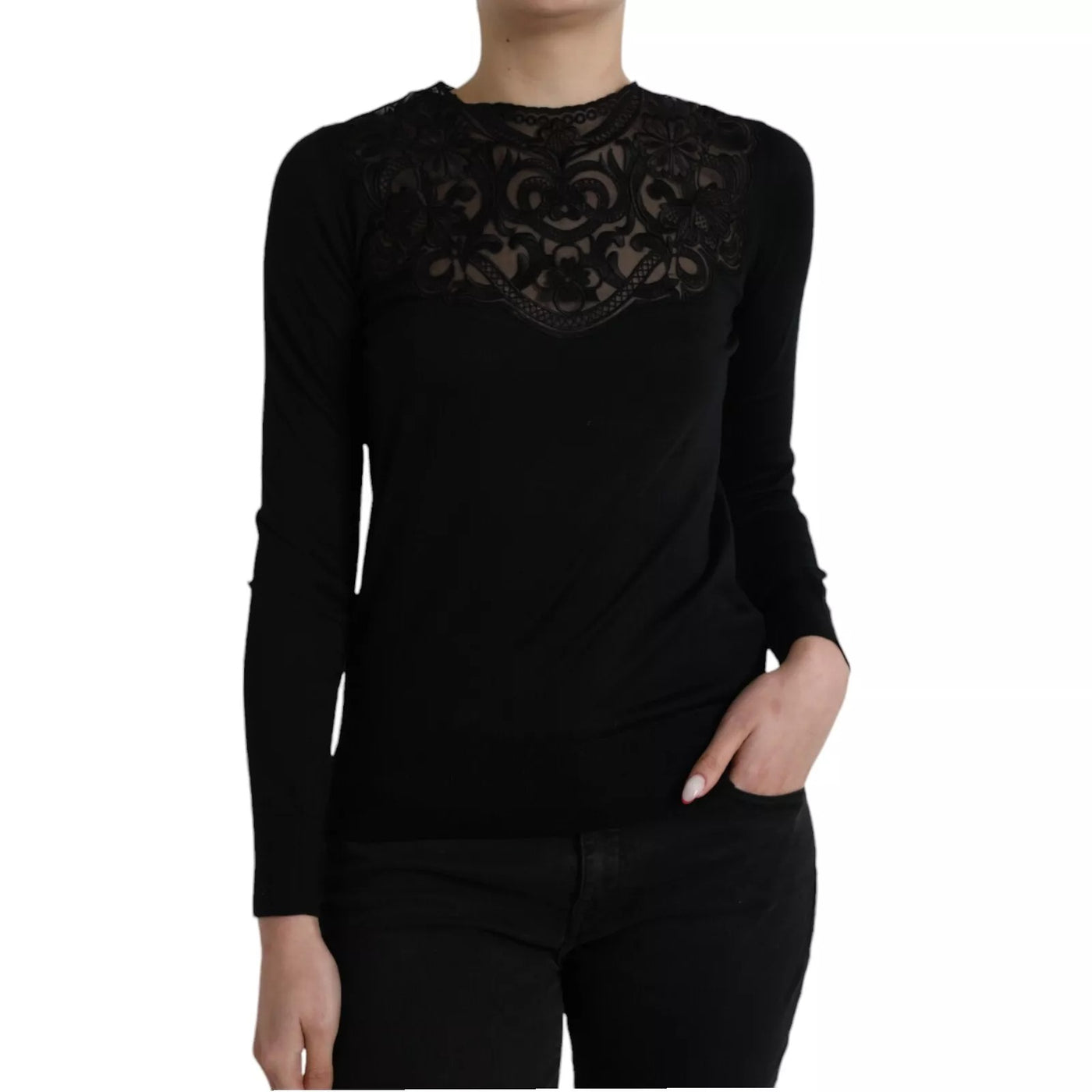 Blouse à manches longues en soie noire avec garniture en dentelle de Dolce &amp; Gabbana