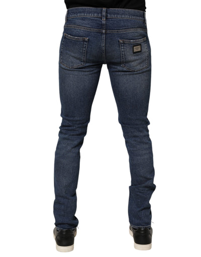 Dolce & Gabbana Blue Cotton Logo Plaque Skinny Men Denim Jeans