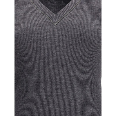 Brunello Cucinelli Long sleeve wool ribbed jersey T-shirt with shiny trim