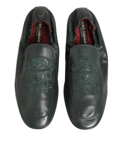 Dolce & Gabbana Green Leather Slip On Men Flat Loafers Shoes