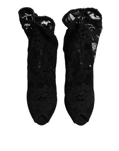 Dolce & Gabbana Black Stretch Taormina Lace Boots Shoes