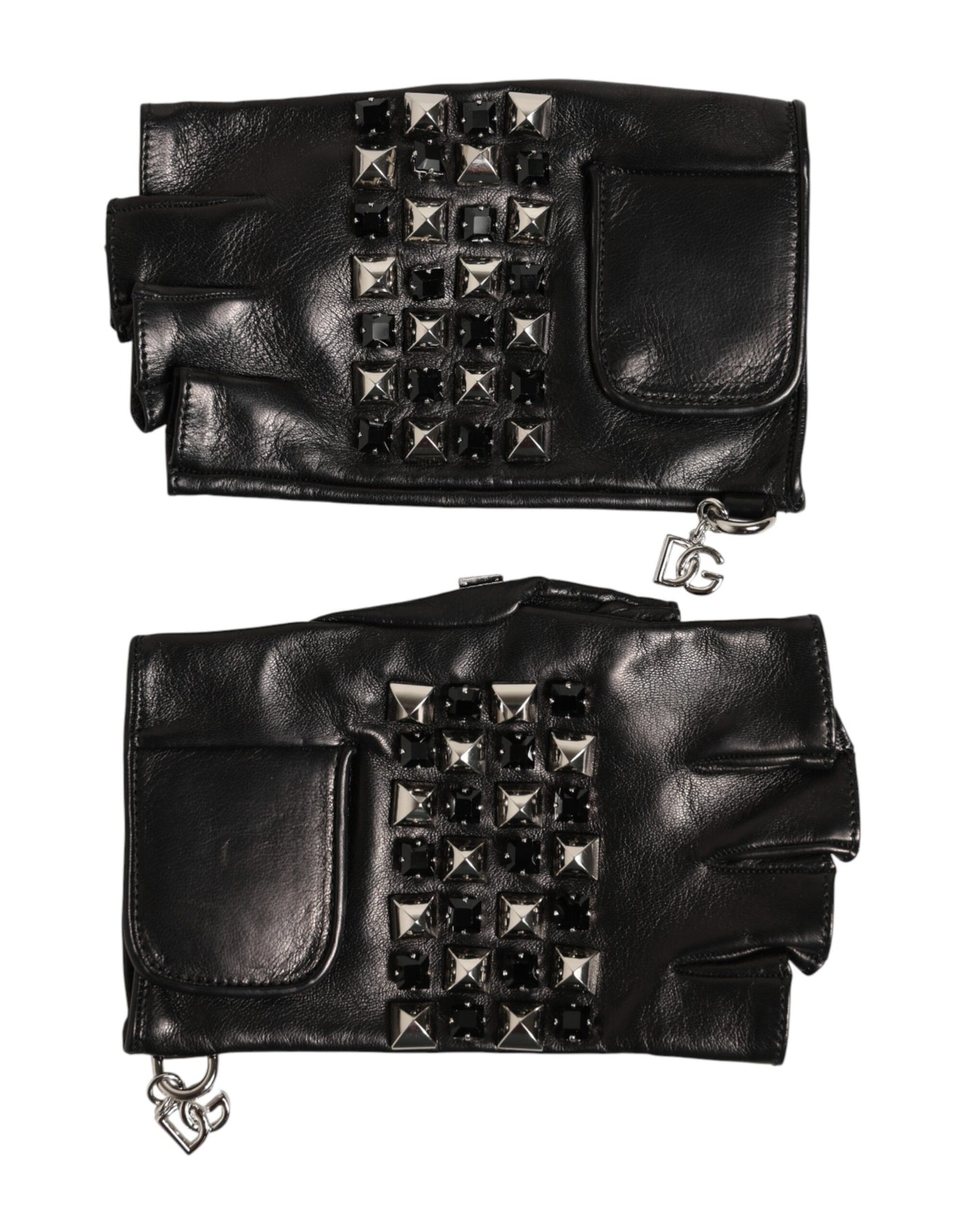 Dolce & Gabbana Black Leather Studded Fingerless Hand Mitten Men Gloves
