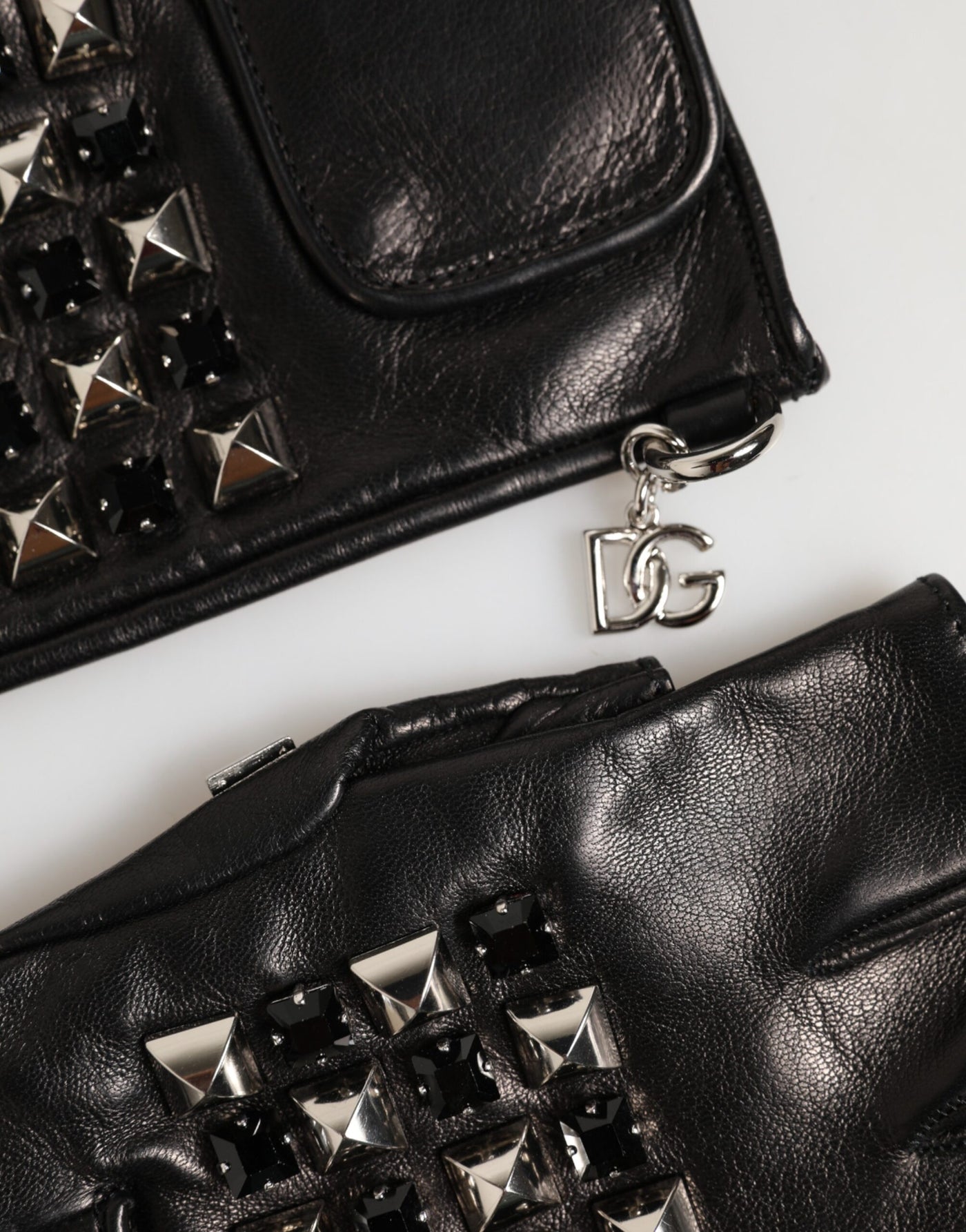 Dolce & Gabbana Black Leather Studded Fingerless Hand Mitten Men Gloves