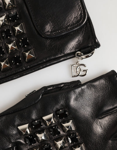 Dolce & Gabbana Black Leather Studded Fingerless Hand Mitten Men Gloves