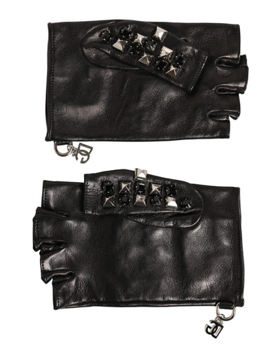 Dolce & Gabbana Black Leather Studded Fingerless Hand Mitten Men Gloves