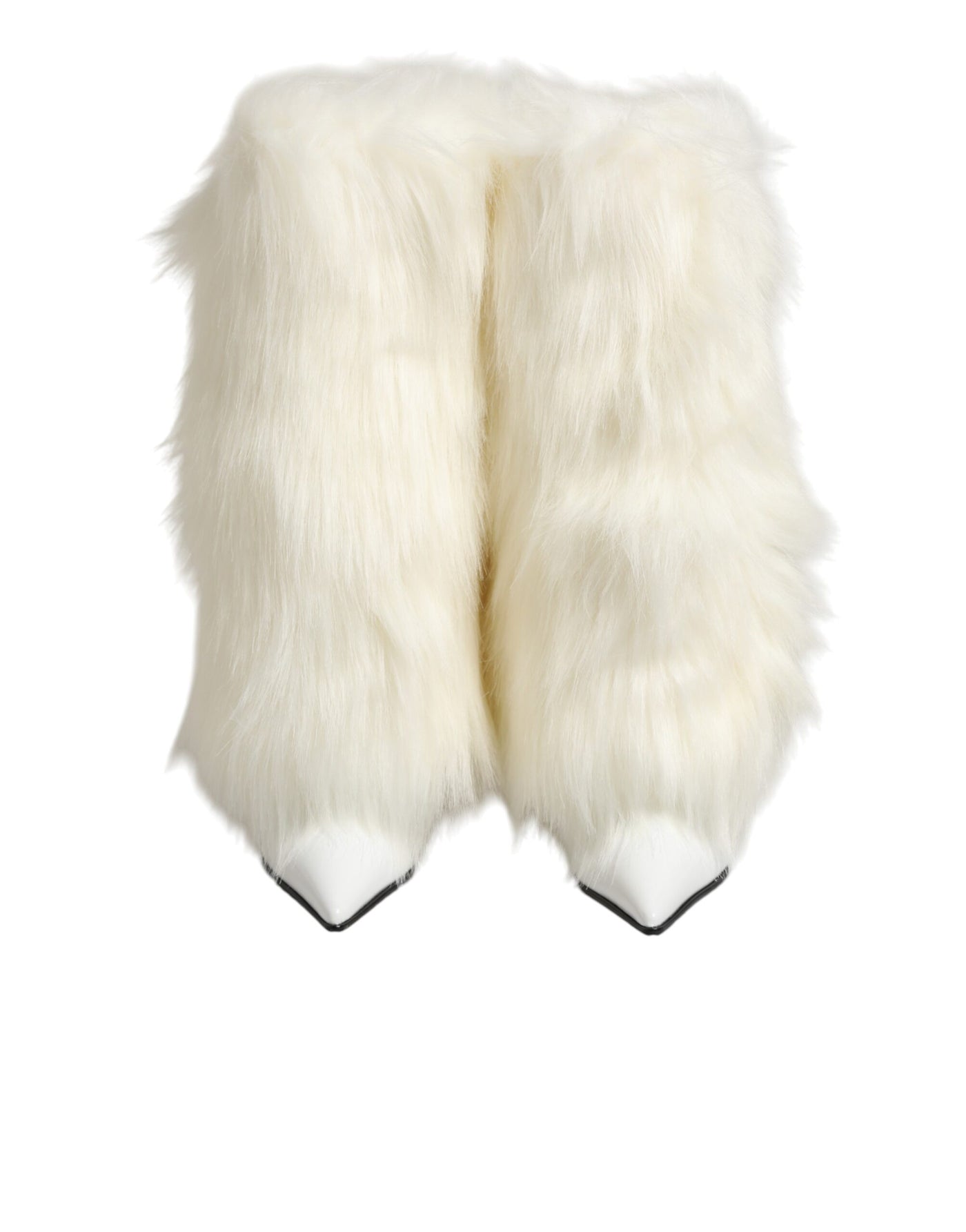 Dolce & Gabbana White Fur Pointed Knee High Stiletto Boots Shoes