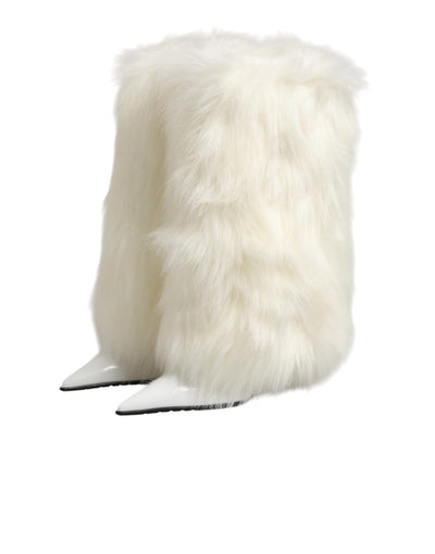 Dolce & Gabbana White Fur Pointed Knee High Stiletto Boots Shoes