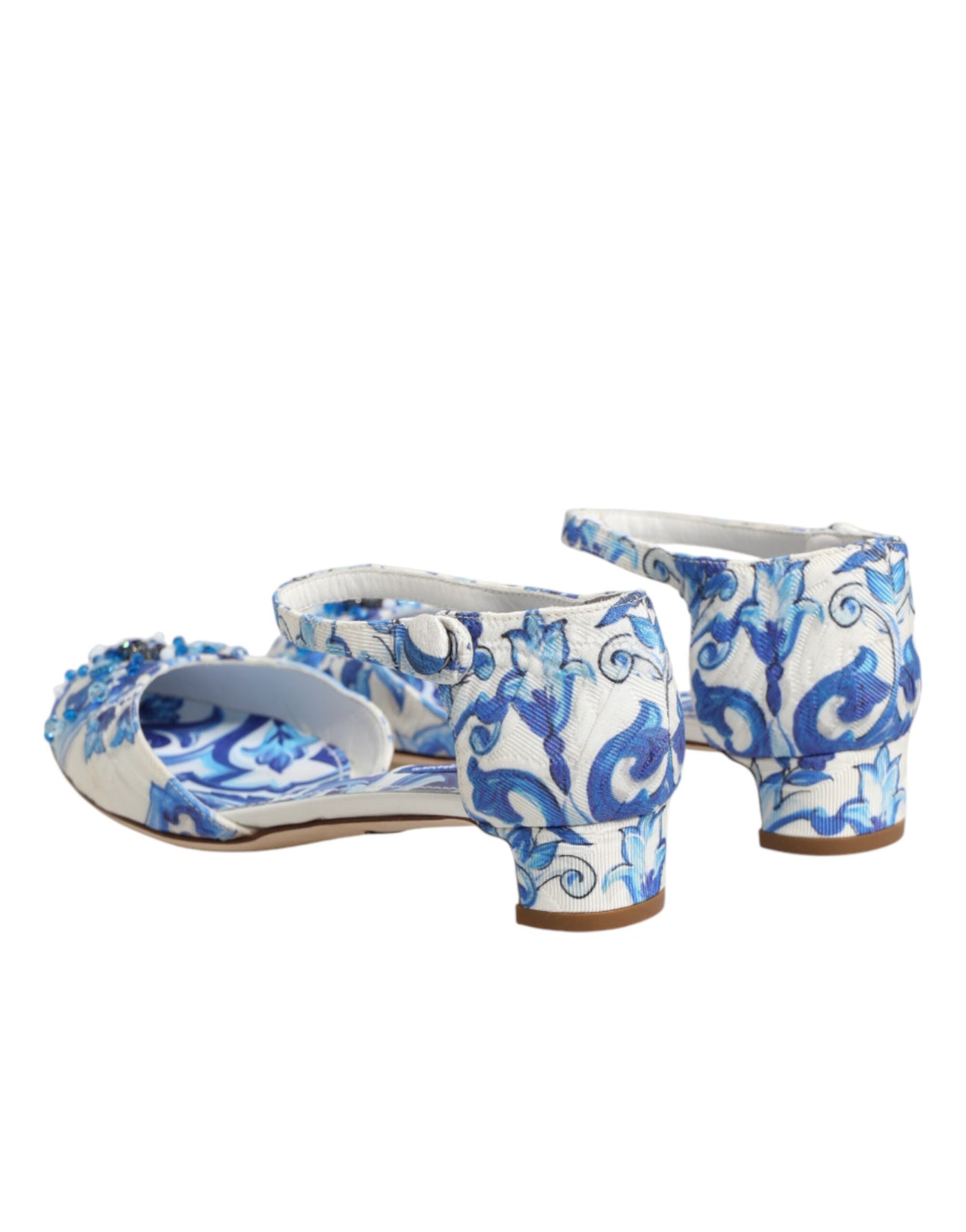 Dolce & Gabbana White Blue Floral Crystal Ankle Straps Shoes