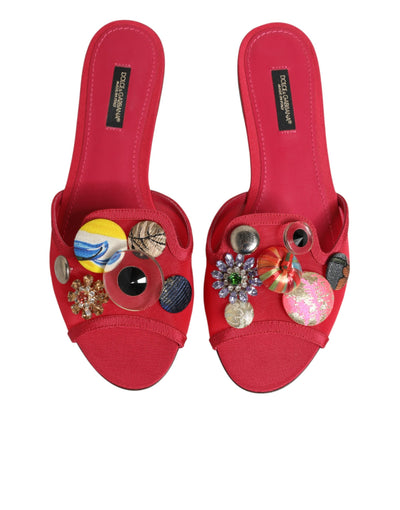 Dolce & Gabbana Red Embellished Flats Slip On Sandals Shoes