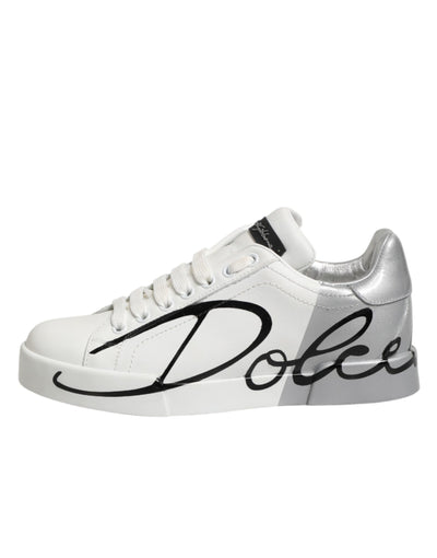 Dolce & Gabbana White Gray Low Top Leather Sneaker Shoes