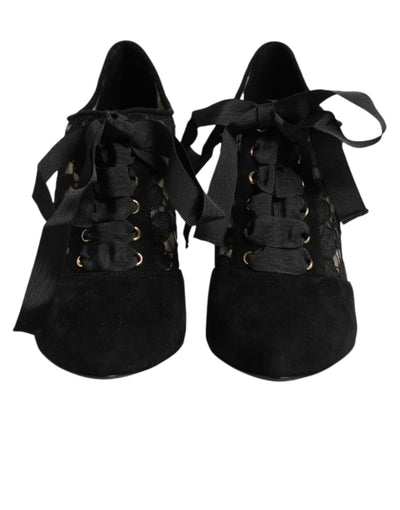 Dolce & Gabbana Black Floral High Heels LACE-UPS Pumps Shoes