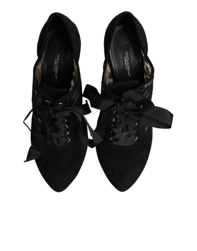 Dolce & Gabbana Black Floral High Heels LACE-UPS Pumps Shoes