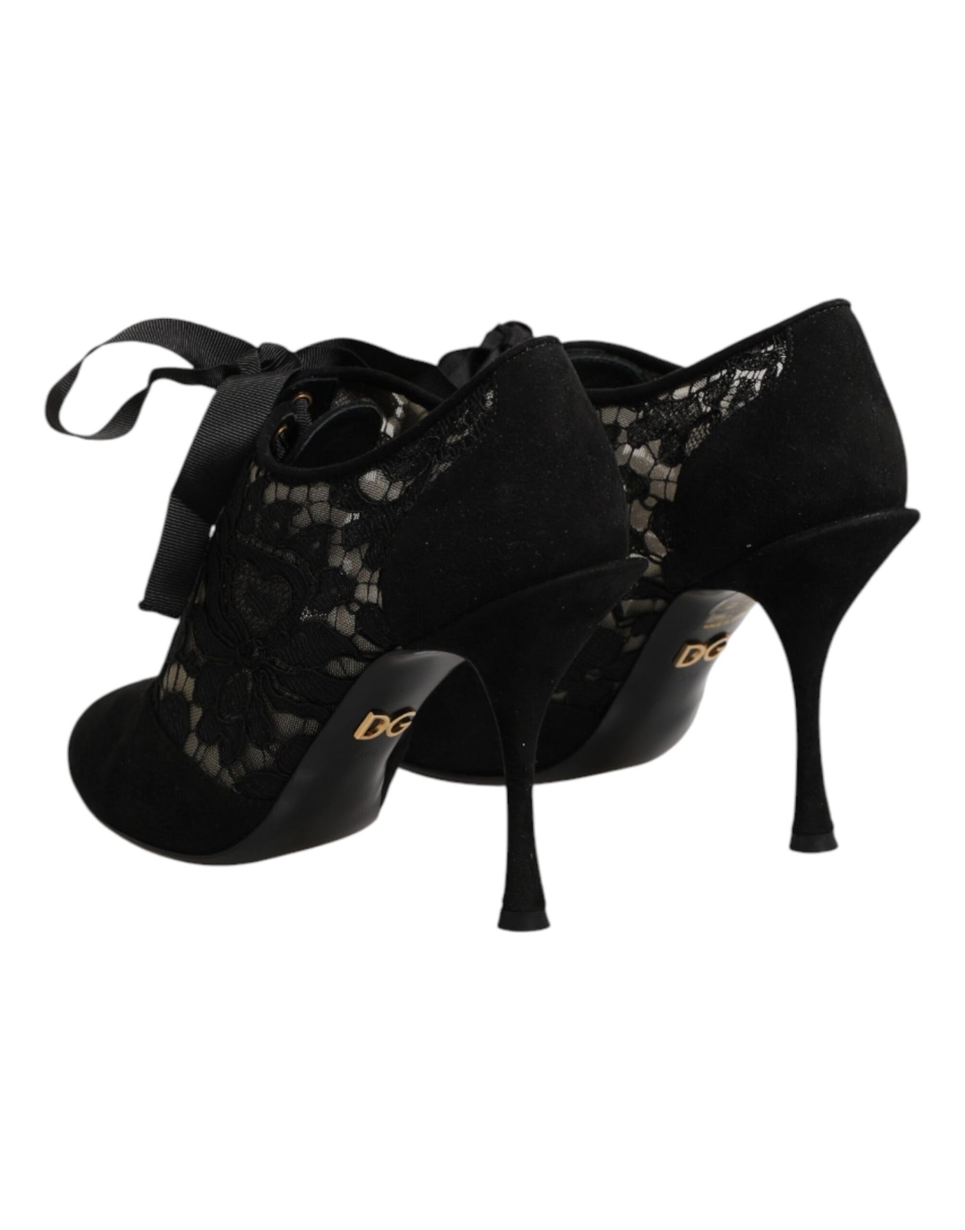 Dolce & Gabbana Black Floral High Heels LACE-UPS Pumps Shoes
