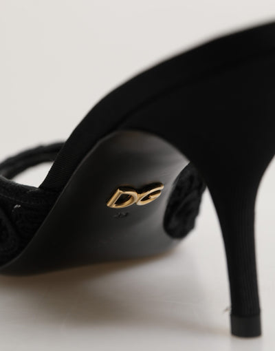 Dolce & Gabbana Black Embroidered Slip On Heels Slides Shoes