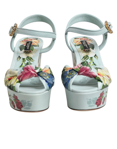Dolce & Gabbana Green Floral Ankle Strap Wedge Sandals Shoes