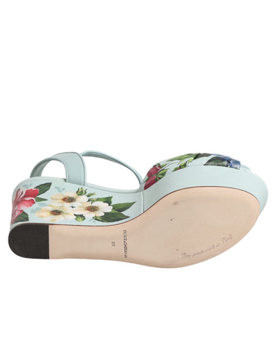 Dolce & Gabbana Green Floral Ankle Strap Wedge Sandals Shoes
