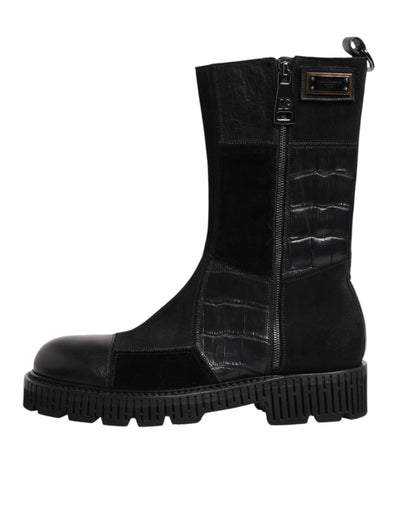 Dolce & Gabbana Black Patchwork Leather Mid Calf Boot  Shoes