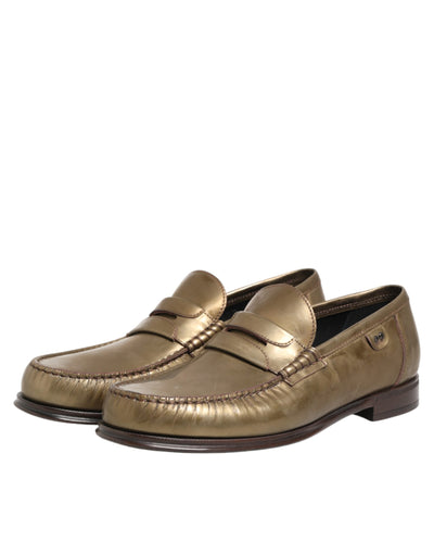 Dolce & Gabbana Gold Leather Slip On Dress Men Loafers Shoes