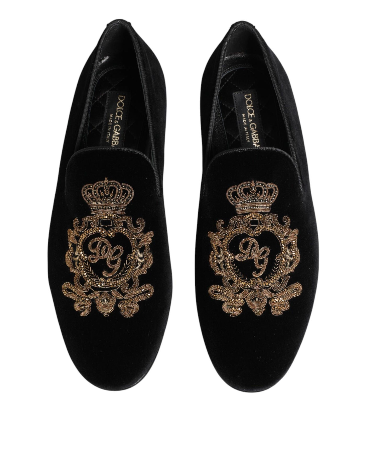 Dolce & Gabbana Black Velvet Gold Crown Mens Loafers Shoes