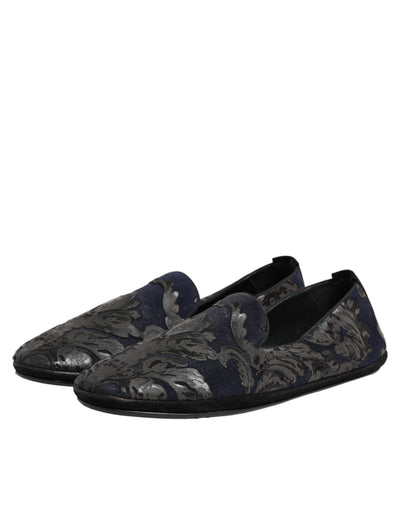 Dolce & Gabbana Black Jacquard Leather Slip On Loafers Shoes
