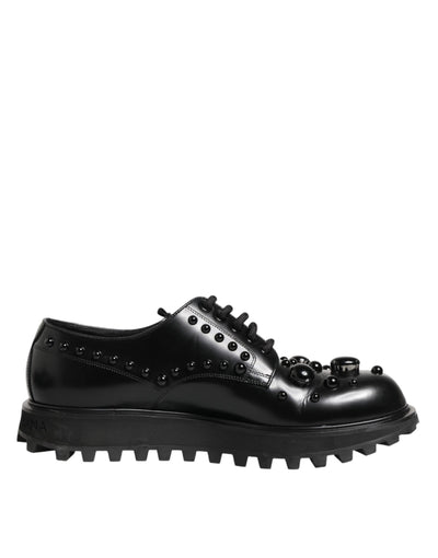 Dolce & Gabbana Black Leather Studded Men Formal Derby  Shoes