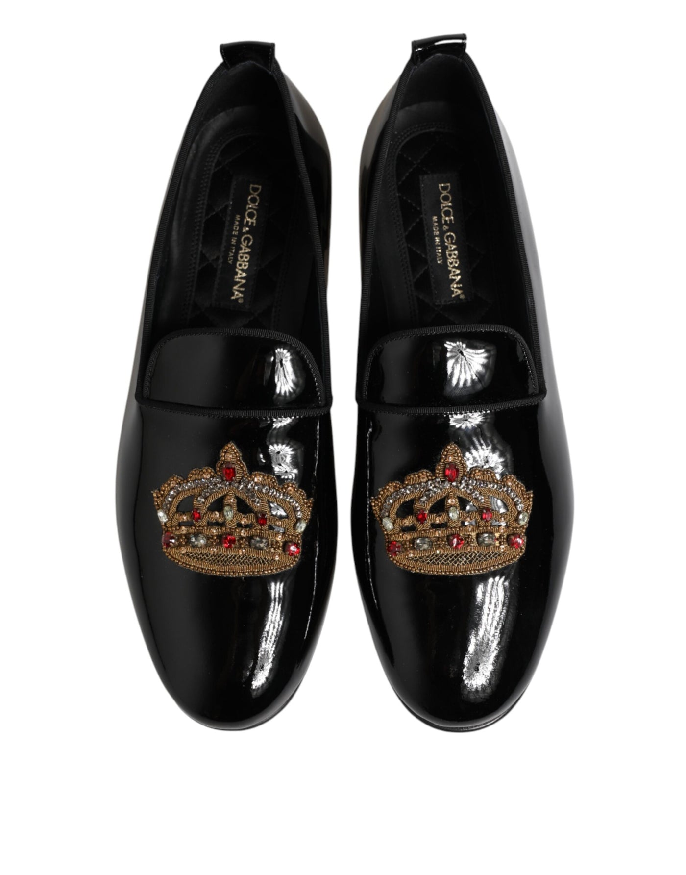 Dolce & Gabbana Black Leather Gold Crown Mens Loafers Shoes
