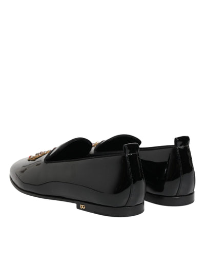Dolce & Gabbana Black Leather Gold Crown Mens Loafers Shoes
