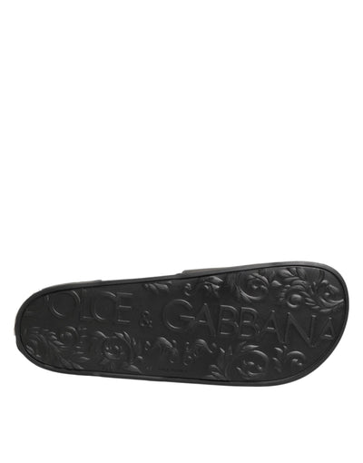 Dolce & Gabbana Black Leather Slides Sandals Beachwear Shoes