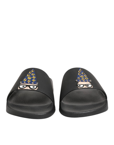 Dolce & Gabbana Black Leather Slides Sandals Beachwear Shoes