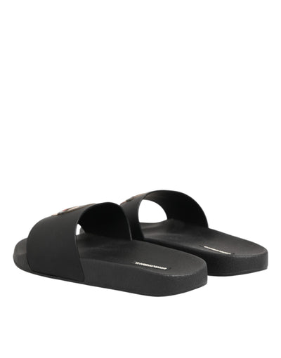 Dolce & Gabbana Black Leather Slides Sandals Beachwear Shoes